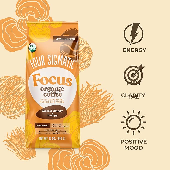 Four Sigmatic Dark Roast Organic Whole Bean Coffee | Whole Beans Coated with Lion's Mane, Chaga Mushrooms | Nootropic Mushroom Coffee for Enhanced Brain Function & Immune Support | 12oz