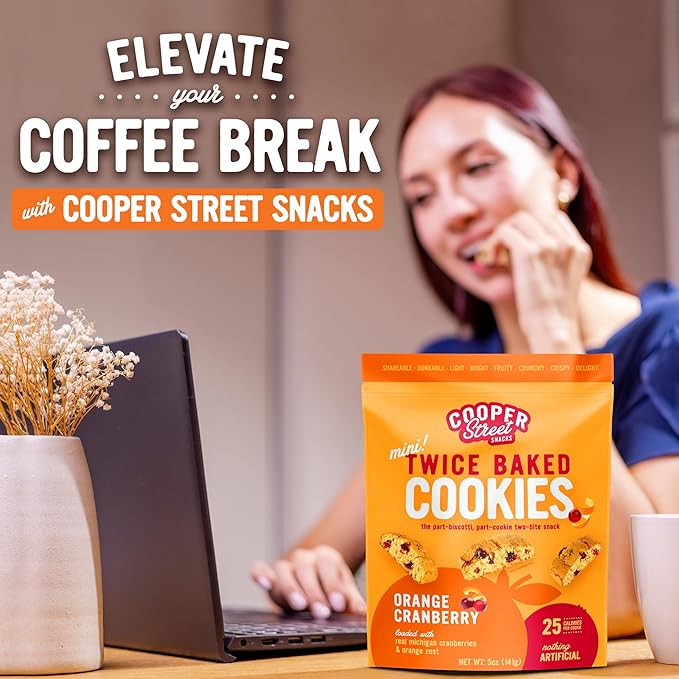 Cooper Street Twice Baked Orange Cranberry Biscotti Cookies - Light and Crispy Coffee Cookie Bites - Traditional Low Calorie Italian Snacks for Adults & Kids - Kosher, Dairy, Peanut & Soy Free - 5oz