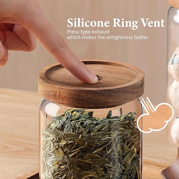 720ML/24Oz Clear Cute Glass Storage Canister Holder with Stackable Airtight Wood Lid, Modern Decorative Container Jar for Coffee, Spice, Candy, Salt, Cookie, Condiment, Pepper, Sugar