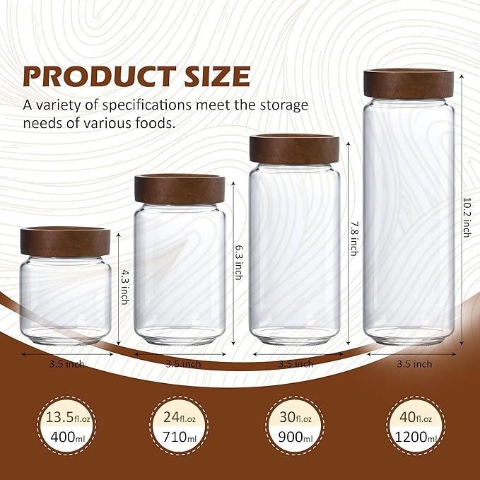 40 oz/1200 ml Glass Jar with Airtight Wooden Screw Top Lid, Clear Stackable Food Storage Canister, Large Tall Decorative Glass Container for Coffee, Candy, Cookie, Sugar, Oatmeal, Salt, Pasta