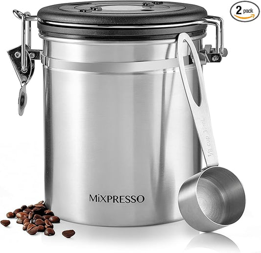 Mixpresso 16 Oz Coffee Canister with Scoop, Stainless Steel Airtight Coffee Container, Air tight Jar Tea Storage with Date Tracker, Vacuum Sealed Espresso Airtight Canister, Sugar Container for Home
