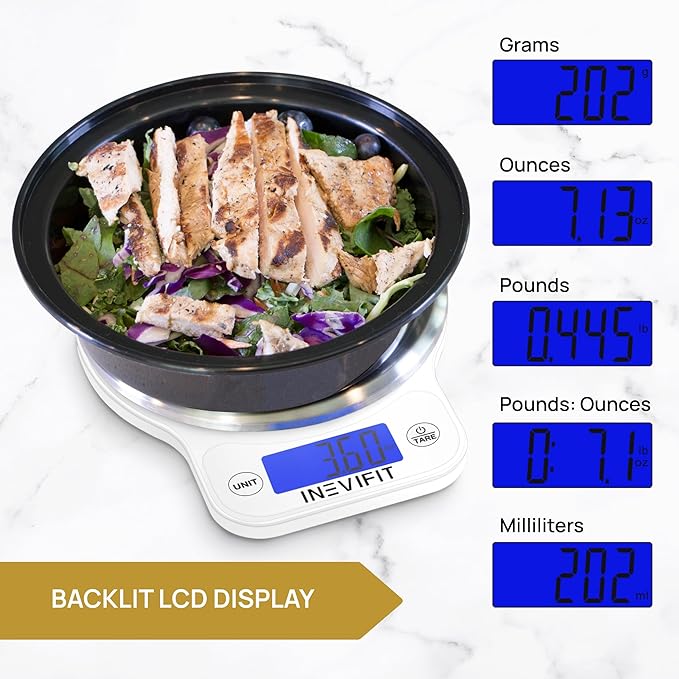 INEVIFIT Digital Kitchen Scale, Highly Accurate Multifunction Food Scale 13 lbs 6kgs Max, Clean Modern White with Premium Stainless Steel Finish. Includes Batteries