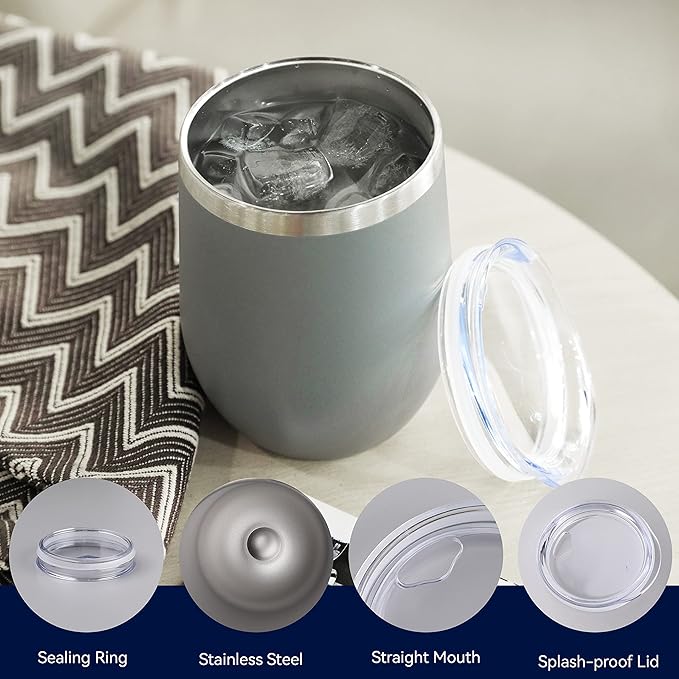 DOMICARE Stainless Steel Wine Tumbler Bulk with Lid, Personalized Insulated Tumblers Set, 12oz Travel Coffee Cups Pack of 4, Gray