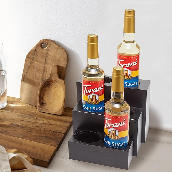 Black Wood Coffee Syrup Rack Organizer, 3 Tier Syrup Bottle Holder for Coffee Bar, 6 Bottles(750ml) Storage Stand for Syrup, Wine, Dressing for Kitchen Coffee Station(3 Separate Pieces)