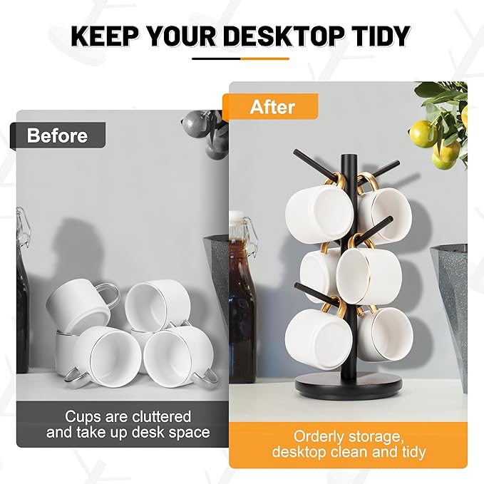 MyLifeUNIT Mug Holder Tree, 360° Rotated Coffee Cup Holder with 6 Hooks, Wooden Coffee Mug Holder Organizer for Counter Top, Coffee Bar Accessories (Black)