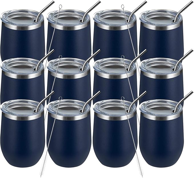MEWAY 12oz/12 Pack Wine Tumbler Glasses with Lid -Double Wall Vacuum Stainless Steel Travel Tumbler Mug,Stemless Insulated Wine Cup for,Coffee,Cocktails,Gifts (Navy,Set of 12)