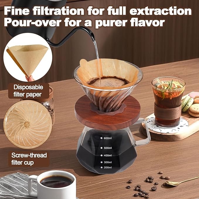 Pour Over Coffee Maker Set 600ml Portable with 100 Pcs Filter Paper Glass Coffee Maker High Borosilicate Glass Eagle Beak Spout Design Walnut Wood Base for Pour Over Dripper for Daily Brewing