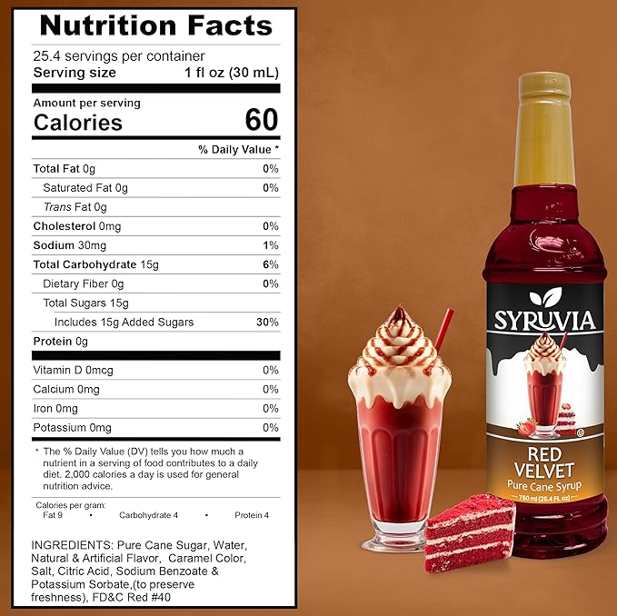 Syruvia Red Velvet Coffee Syrup - 25.4 fl oz Premium Coffee Flavoring Syrup - Kosher Coffee Syrups, Gluten Free, No Coloring, Perfect for Drinks, Soda, Shakes, Desserts, and More With Pump