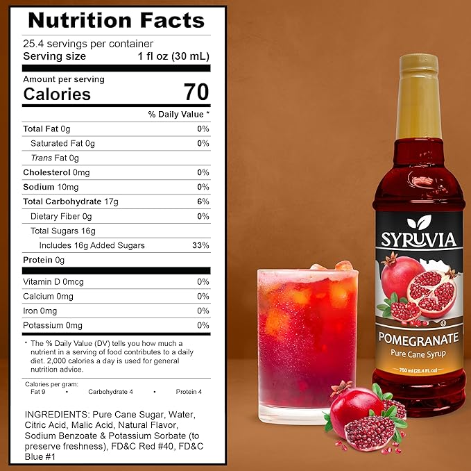 Syruvia Pomegranate Syrup, Flavored Syrup for Drinks, Cocktails, Lemonades, Iced Teas, and Desserts – 25.4 fl oz, With Pump