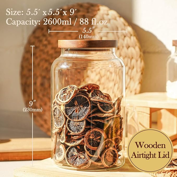 Labina Glass Storage Container Airtight Food Jars Kitchen Canister with Wood Lids, 88 Oz Wide Mouth Pantry Organization Glass Jar for Flour, Sugar, Cookie, Spagetti, Nuts and Candy