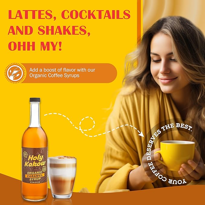 Holy Kakow Cafe Organic Caramel Syrup - Caramel Coffee Syrup, Organic Syrup for Coffee, Caramel Syrup for Coffee, Add to Latte, Cocktail and Shake, Real Food Ingredients, Specific Flavor - 750ml