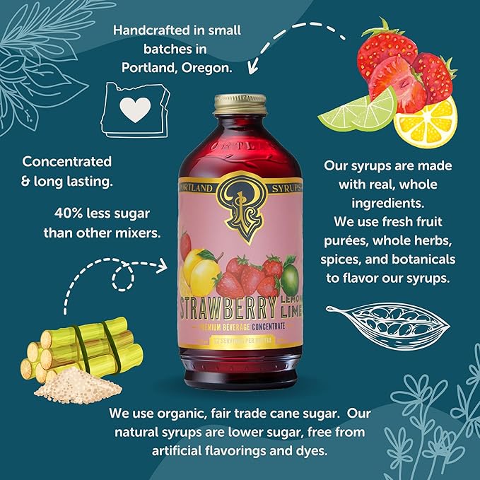 Portland Syrups Strawberry Lemon-Lime Syrup - Summer in a Glass with Tangy Citrus and Sweet Strawberries - Premium Beverage Concentrate for Cocktails, Standalone Sodas, and More - 12 oz with 24 Servings (Pack of 1)