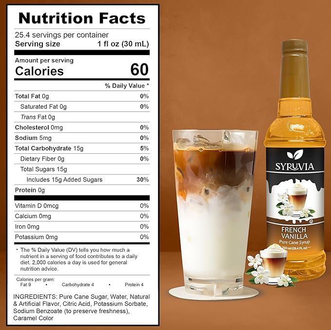 Syruvia Coffee Syrup, French Vanilla Flavored Syrup for Drinks, Lattes, and Desserts – 25.4 fl oz, With Pump