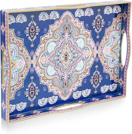 Gifturbo Serving Tray for Coffee Table, Rectangular Plastic Decorative Tray with 4 Handles for Entertaining, Outdoors, Living Room, Ottoman, Bathroom,Blue & Pink