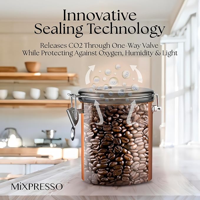 Mixpresso 16 Oz Copper Coffee Canister, Stainless Steel Airtight Coffee Container, Ground and Bean Storage with Date Tracker, Vacuum Sealed Espresso Airtight Container, Sugar Container