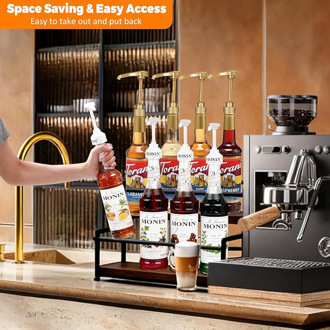 Coffee Syrup Rack Organizer - 2-Tier 10 Syrup Bottles Holder for Coffee Bar, Liquor Bottle Display Shelf - Rustic Kitchen Cabinet for Spices, Jars - Stepped Pantry Shelf for Syrup, Wine, Tea & Coffee