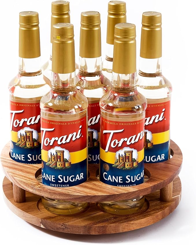 Acacia Wood Rotating Syrup Organizer, 7 Bottle Syrup Rack, Coffee Station Organizer with Large Base and Anti-Slip Pads