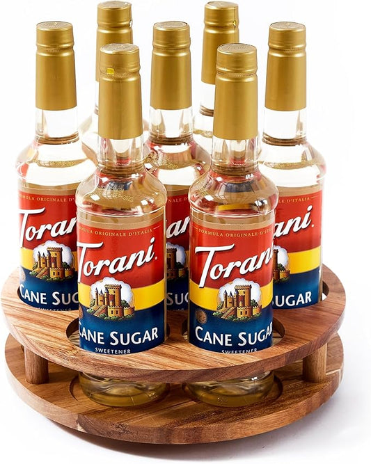 Acacia Wood Rotating Syrup Organizer, 7 Bottle Syrup Rack, Coffee Station Organizer with Large Base and Anti-Slip Pads