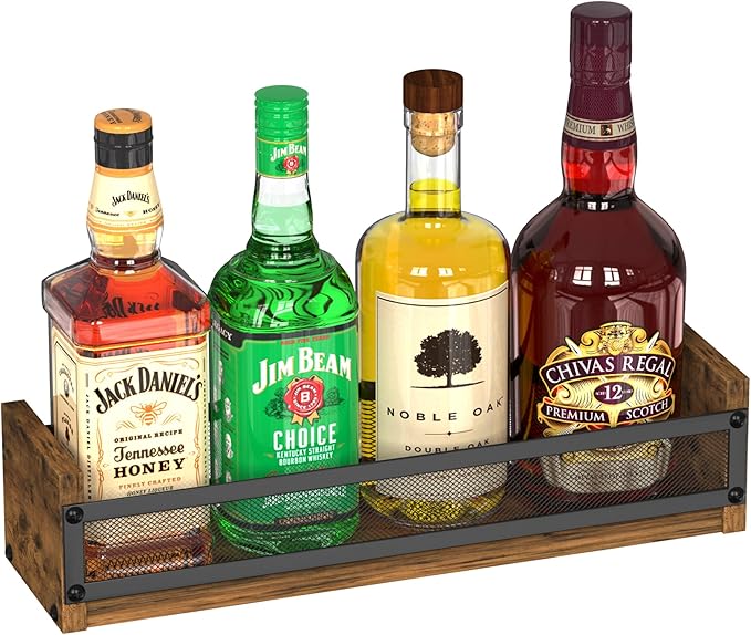 Alyoen Liquor Bottle Display Shelf, Coffee Syrup Rack Organizer, Countertop Liquor Wine Rack, 4 Bottles Coffee Station Organizer with Fences & Handles, Home Retro Bar Shelf Stand for Liquor Whiskey