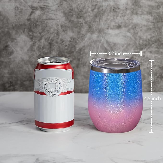 MEWAY 12oz/12 Pack Wine Tumbler Glasses with Lid - Stemless Double Wall Vacuum Stainless Steel Glitter Tumbler - Keeping Cold & Hot Cup for Coffee,for Women(Gradient Pink,Set of 12)