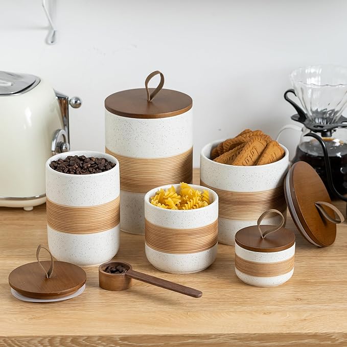 Small Ceramic Jar with Lid, Coffee Container Canister Kitchen Food Storage Jars for Spice Sugar Tea Bag, Stackable Decorative Jars for Countertop, White & 5 fl.oz