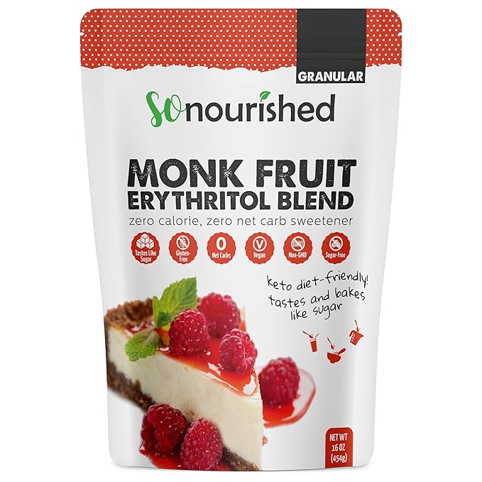 So Nourished Monk Fruit Sweetener with Erythritol Granular - 1:1 Sugar Substitute, Keto - 0 Calorie, 0 Net Carb, Non-GMO 1lb