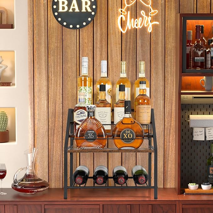 VINAEMO Wine Racks Countertop, 3-Tier Liquor Bottle Display Shelf, Coffee Syrup Organizer, Small Wine Rack, Wine Bottle Holder for Whiskey Bar, Retro Bar Shelves for Home Bar