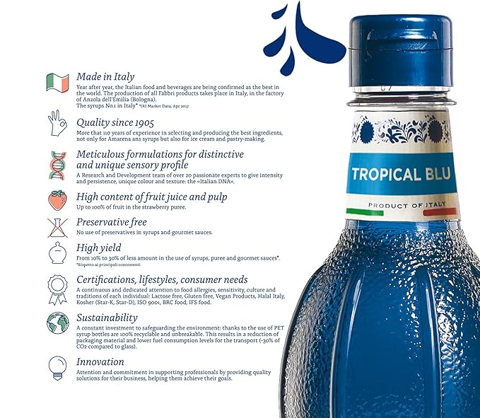 Fabbri Flavoring Syrup, Tropical Blue, Made in Italy, 33.8 Ounce (1 Liter)