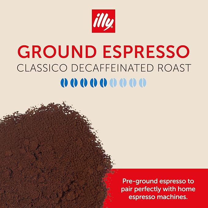 Illy Ground Espresso Coffee, Decaffeinated - Medium Roast - Mild & Balanced - 100% Arabica - Pressurized Packaging Sealed for Freshness - 8.8oz (Pack of 6)