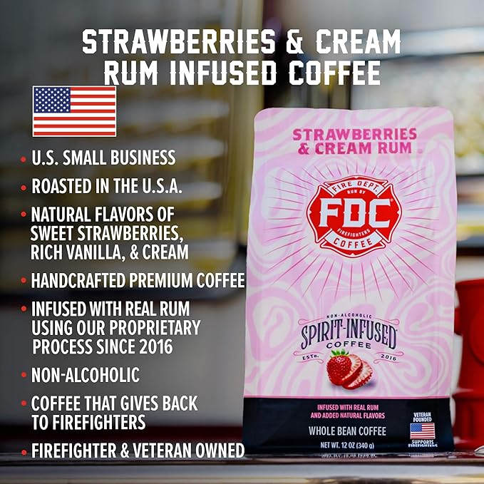 Fire Department Coffee - Gives Back to Firefighters - Strawberries & Cream Rum Infused Whole Bean Coffee - Medium Roast - Non-Alcoholic - Roasted in the USA - Veteran Owned - 12 oz