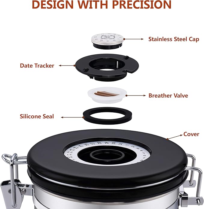 Coffee Container Vacuum Sealed - with Co2 Valve Airtight Beans Grounds Storage Coffee Canister with Scoop Medium Copper 16oz