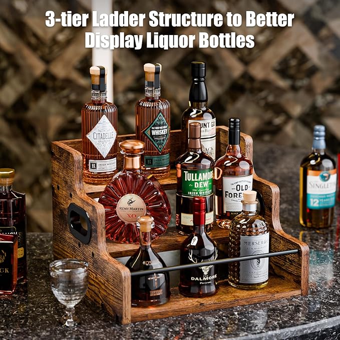 KLM Liquor Bottle Display Shelf, Coffee Syrup Rack Organizer, 3 Step Countertop Wine Rack, Mini Bar, Retro Bar Shelf Stand for Whiskey, Spirits