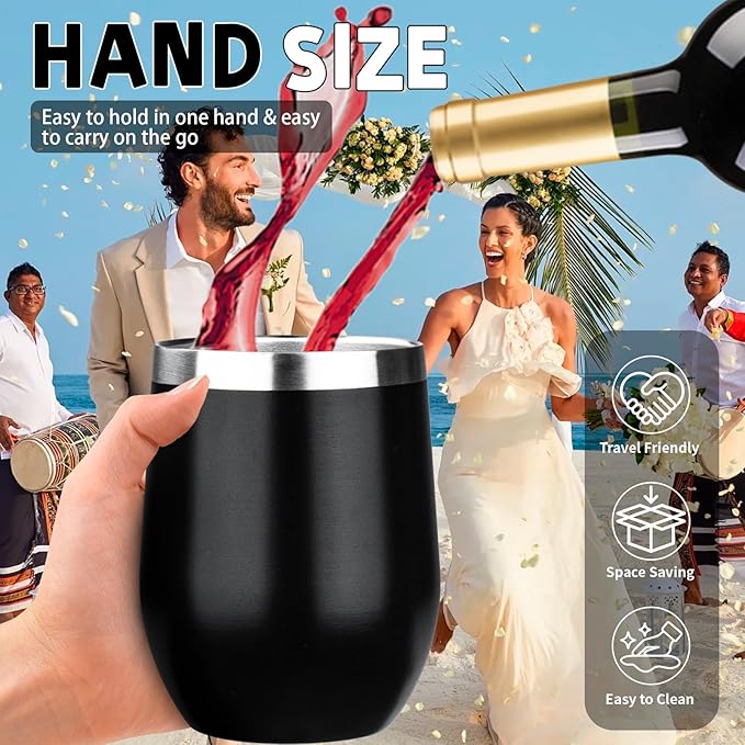 12oz/4 Pack Stainless Steel Wine Tumbler with Lid and Straw, Double Wall Vacuum Insulated Wine Tumbler Glasses, Stemless Travel Mugs for Hot and Cold Drinks, Coffee, Wine, Cocktails