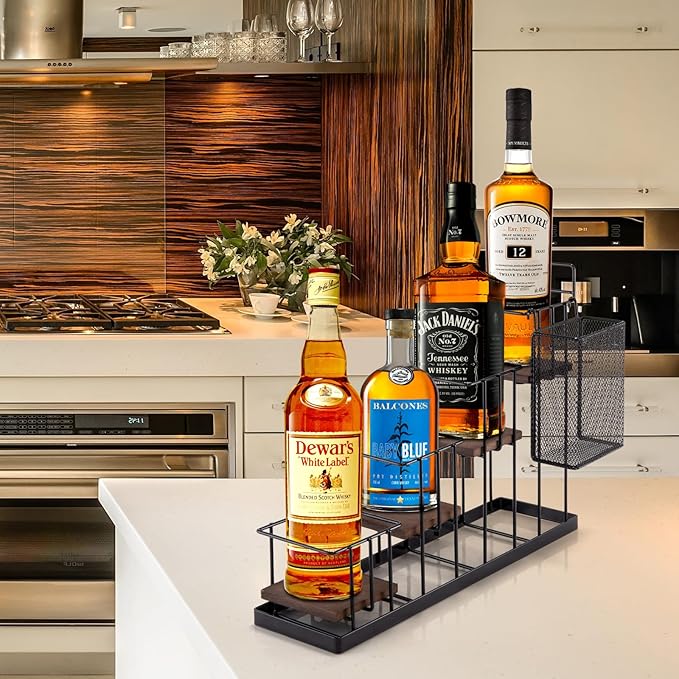 Coffee Syrup Rack Organizer, with Rustic Wood Holder Coffee Station Bar Accessory for Syrup, Wine, Dressing Bottle Countertop Display Storage Stand for Kitchen with Basket and Hooks Holds 4 Bottles