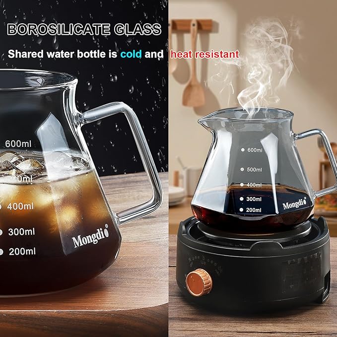 Mongdio Pour Over Coffee Maker, 20 oz High-Heat Borosilicate Glass Coffee Maker with 100pcs V60 Paper Filters, Walnut Handle & Glass Lid, Drip Coffee Maker Set for Home Café Restaurant - 600ml, Gray