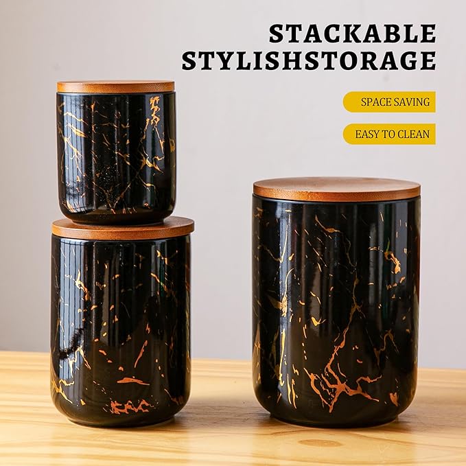 Ceramic Canister Set with Bamboo Airtight Lids, 3-Piece Kitchen Storage Jars (48oz, 30oz, 12oz) – Black with Gold Marble Pattern, Glossy Finish, for Coffee, Sugar, Flour & More