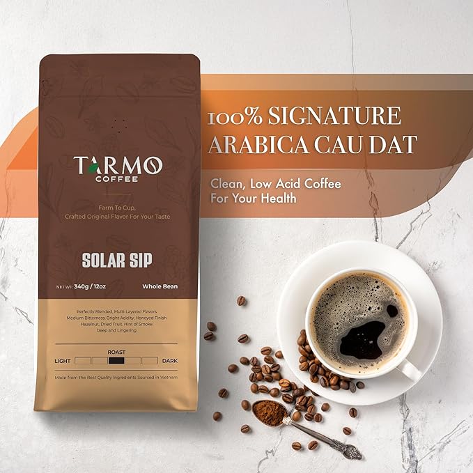 TARMO - SOLAR SIP | Low Acid 100% ARABICA Whole Bean Coffee | Specialty Vietnamese Coffee | Single Origin Dark Roast Coffee Beans | 12 Oz Bag