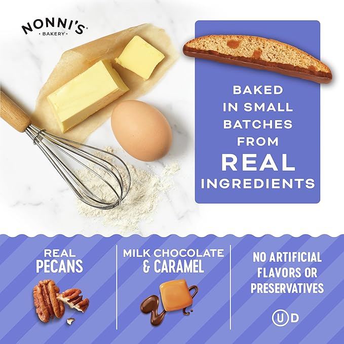 Nonni's Turtle Pecan Biscotti Italian Cookies - 6 Boxes Caramel Pecan Cookies Dipped in Milk Chocolate - Butter Pecan Biscotti Individually Wrapped Cookies - All Natural Ingredients - Kosher - 6.88 oz