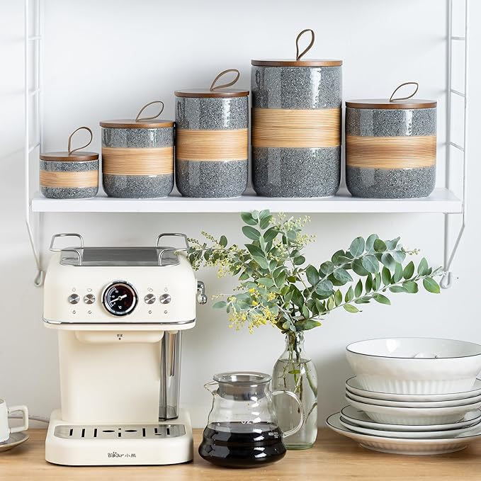 Airtight Coffee Storage Container Jar with Lid, Ceramic Kitchen Food Storage Jars for Spice Sugar Cookie, Coffee Bean Stackable Decorative Jars for Housewarming, Grey & 28 fl.oz