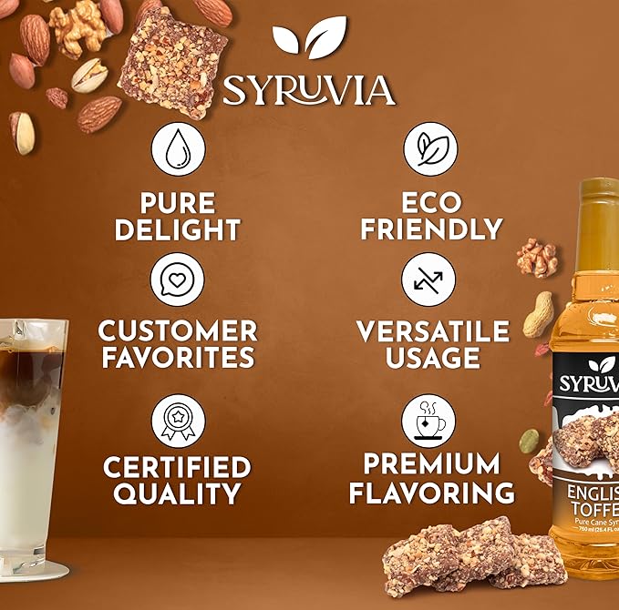 Syruvia Coffee Syrup, English Toffee Flavored Syrup for Drinks, Lattes, and Desserts – 25.4 fl oz, With Pump
