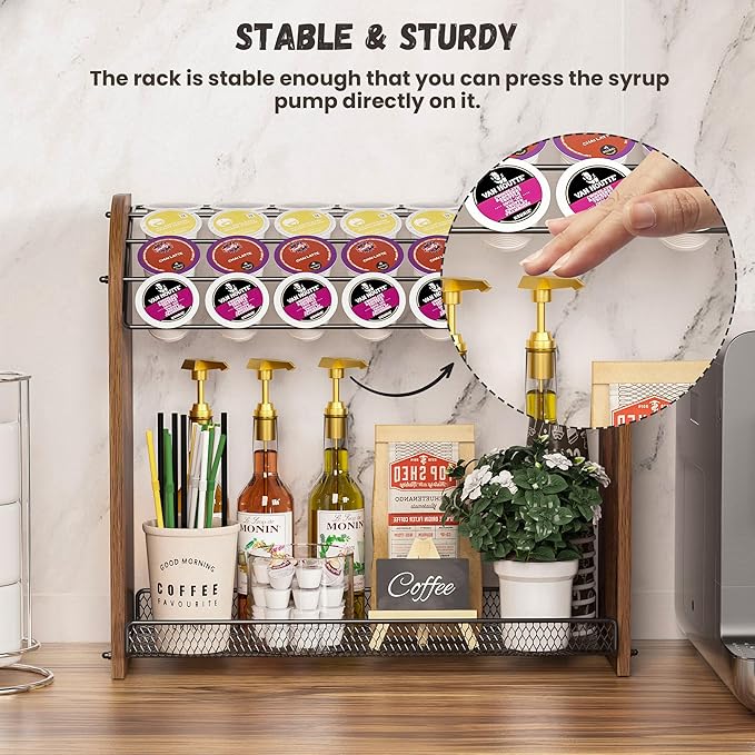 K Cup Holder - 2-Tier K Cup Organizer, Metal Coffee Pod Holder for Counter, Easy Assembly (Rustic Brown)