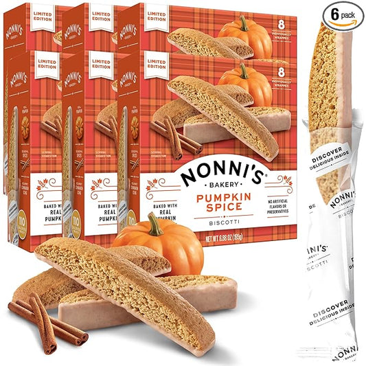 Nonni's Pumpkin Spice Biscotti Holiday Cookies - 6 Boxes Pumpkin Cookies - Pumpkin Biscotti w/Cinnamon Icing - Biscotti Individually Wrapped Pumpkin Spice Cookies - Kosher Coffee Cookies 6.88 oz