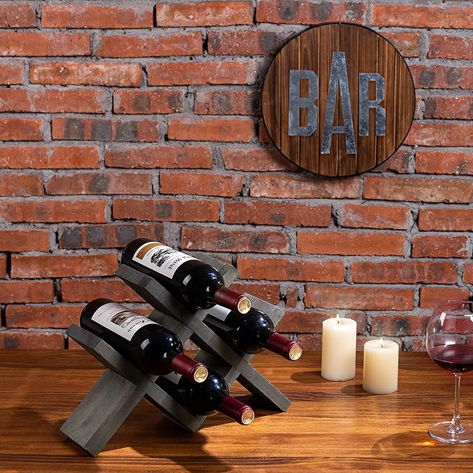 MyGift 4-Bottle Countertop Rustic Brown Wood Wine Rack (Vintage Gray)