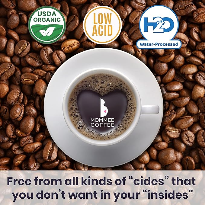 Mommee Coffee Full Caf Low Acid Whole Organic Coffee Beans - 100% Arabica Organic Full Caff Coffee Beans with Smooth Caramel Flavor - Medium Roast - 11 oz
