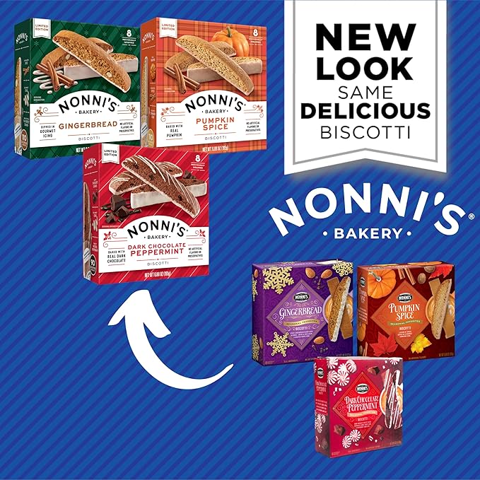 Nonni's Holiday Italian Biscotti Cookies - 3 Boxes Christmas Cookies - Dark Chocolate Peppermint Cookies, Gingerbread Cookies & Pumpkin Cookies - Biscotti Individually Wrapped Cookies - 6.88 oz