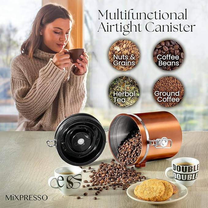 Mixpresso 16 Oz Copper Coffee Canister, Stainless Steel Airtight Coffee Container, Ground and Bean Storage with Date Tracker, Vacuum Sealed Espresso Airtight Container, Sugar Container