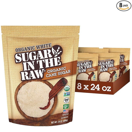 Sugar In The Raw Organic Granulated White Premium Cane Sugar, No Erythritol, Pure Natural Sweetener, Hot & Cold Drinks, Coffee, Baking, Vegan, Gluten-Free, Non-GMO, Bulk Sugar, 24 oz Bag (8-Pack)
