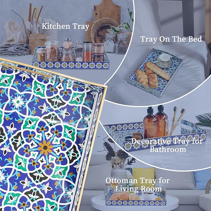 Gifturbo Serving Tray with Two Handles,Decorative Tray for Coffee Table, Plastic Rectangular Durable Serving Trays for Living Room, Bathroom, Outdoors, Blue