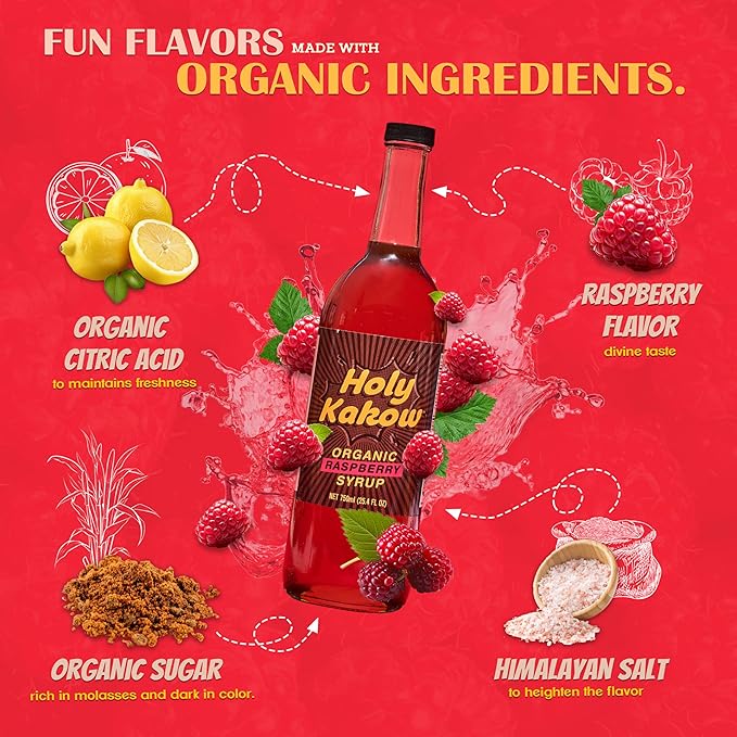 Holy Kakow Organic Raspberry Syrup - Made with Organic Ingredients, GMO Free, Vegan, Gluten-Free, No Preservatives, Raspberry Syrup for Coffee - 750ml Bottle