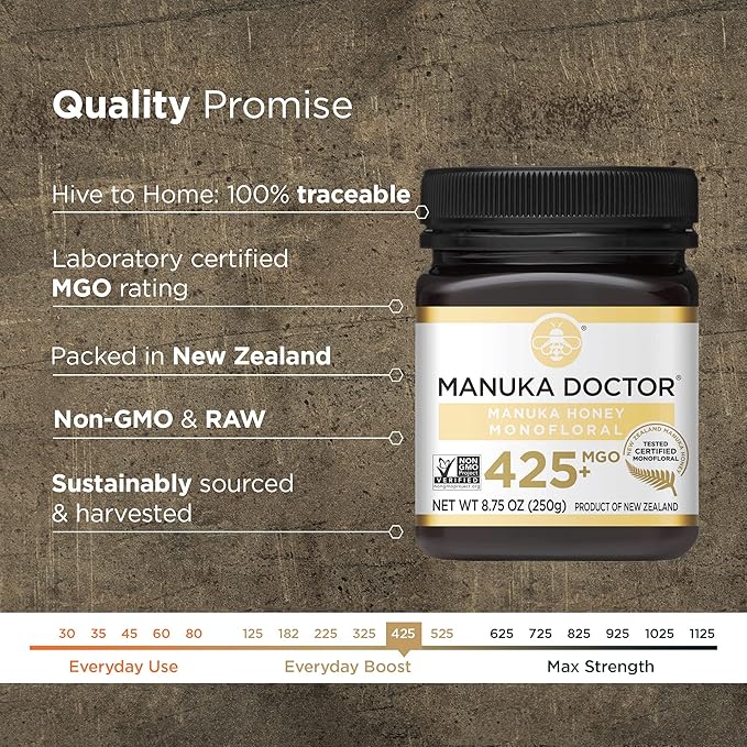 Manuka Doctor - MGO 425+ Manuka Honey Monofloral, 100% Pure New Zealand Honey. Certified. Guaranteed. Raw. Non-GMO (8.75 oz)
